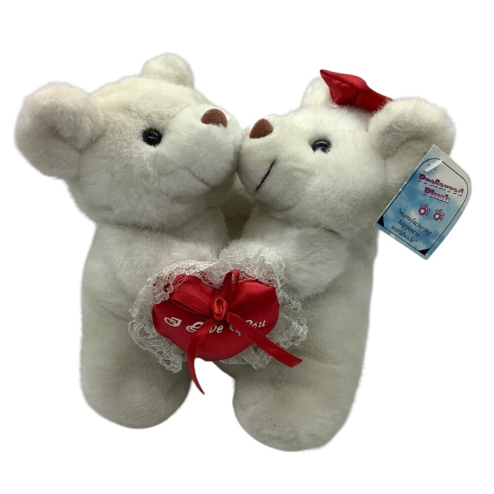 Vtg Plush Bears Couple White Valentines Hearts Roses Tie Bow‎ 9" Clean Rare